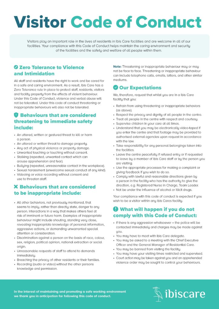 Visitor code of conduct ibis care aged care
